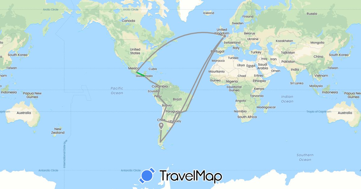 TravelMap itinerary: bus, plane in Argentina, Bolivia, Brazil, Chile, Colombia, Costa Rica, United Kingdom, Guatemala, Mexico, Peru (Europe, North America, South America)